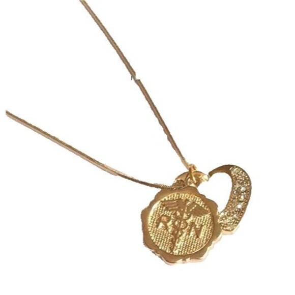 Nursing RN Caduceus Necklace Crystal Heart Nurse Graduation Gift Gold Plated - Picture 6 of 8